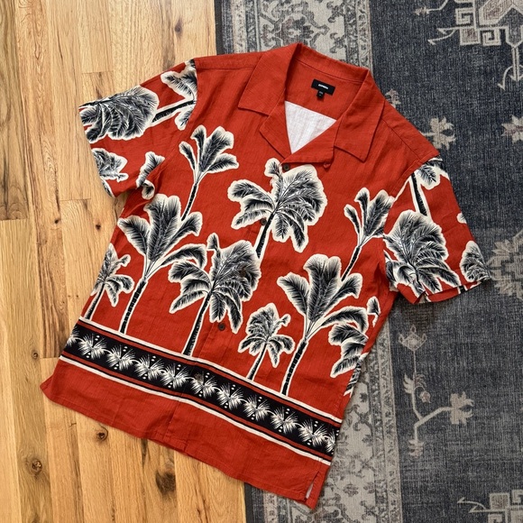 Men's Express Orange Linen Palm Tree Floral Button Down Beach Shirt Small - Picture 6 of 6